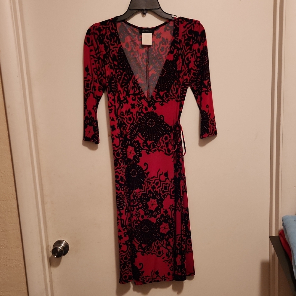 B Darlin Red and Black Floral Midi Wrap Dress